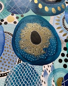 an abstract painting with blue and gold circles on it's surface, including the eye