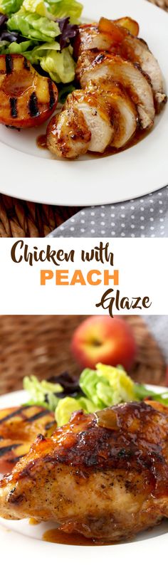 grilled chicken with peach glaze on a white plate