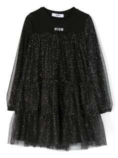 jet black/silver-tone cotton tulle overlay flared design glitter detailing embroidered logo to the front round neck long puff sleeves straight hem Ruffle Shoulder Dress, Msgm Kids, Long Puff Sleeves, Girls Party, Tulle Dress, New Girl, Special Occasion Dresses, Kids Dress, Flare Dress