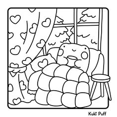 a black and white drawing of a couch in front of a window with hearts on it