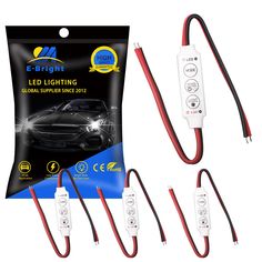 four different types of car lights and wires with packaging on the side, in front of white background