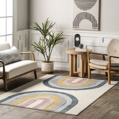 a living room with two chairs and a rug