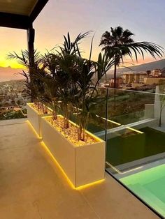 a balcony with plants and lights on it