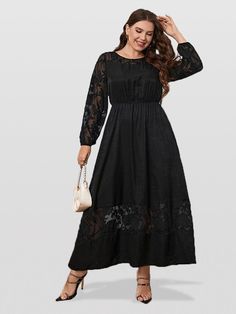 24d3a115-81f5-4471-bb31-d6f46e77236e Black Long Sleeve Maxi Dress With Lace Patchwork, Black Long Sleeve Lace Maxi Dress, Black Lace Maxi Dress For Fall, Black Lace Long Sleeve Maxi Dress, Plus Size Lace Dress, Vestido Plus Size, Lantern Sleeve Dress, Weave Style, Long Sleeve Lace Dress