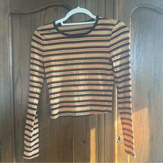 Never Worn, Idk The Size. Fits Like A Small. Retro Mustard Long Sleeve Tops, Mustard Retro Long Sleeve Tops, Retro Mustard Tops For Fall, Mustard Long Sleeve Retro Top, Mustard Retro Tops For Fall, Trendy Mustard Long Sleeve Tops, Forever 21 Fitted Brown Top, Retro Yellow Long Sleeve Tops, Retro Long Sleeve Yellow Tops