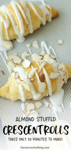 almond stuffed crescent rolls on a baking sheet with the words almond stuffed crescent rolls above them