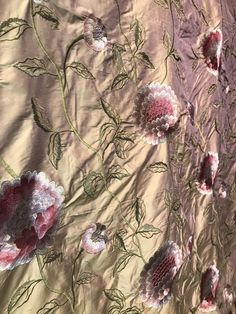 In the spirit of French Interiors, this Novelty Designer 100% Silk Taffeta has the most exquisite embroidery detail a silk could ever have! Intricately detailed flowers cascade across a golden silk with pink iridescent hues. Can be used for interior decorating, drapery, duvets, pillows, blouses, dresses, skirts garments. Sold by the yard. 55” wide. Will combine shipping. We have several yards in stock!Photo of the room is for inspirational purposes only, it is not made of the actual fabric. The Luxury Transitional Slub Silk Embroidered Fabric, French Floral Fabric, Cat Lady Humor, Garden Room Ideas, French Interiors, Silk Dupioni, Pink Iridescent, Velvet Upholstery Fabric, French Floral