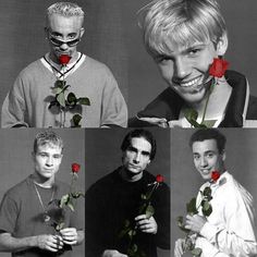 black and white photo collage of four men with red roses in their hands, one man holding a rose