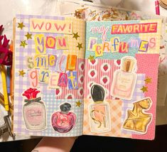 a hand holding an open notebook with many different items on it and the words wow my favorite perfumes