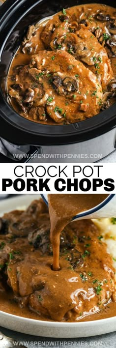 crock pot pork chops with gravy in the slow cooker and on the plate