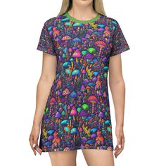 Psychedlic neon mushrooms T shirt dress. Super comfy and super funky. Wear a vibes and walk on the trippy side  .: 100% Polyester .: White thread color .: Light fabric (6.0 oz/yd² (170 g/m .: Tagless .: Runs true to size .: Assembled in the USA from globally sourced fabrics "slow fashion"  Slow fashion refers to the mindful approach we take to design and production. My goal is to offer you, the shopper, custom-made design of the highest quality and the richest material. And most importantly, it Fitted Crew Neck T-shirt Dress For Summer, Fitted T-shirt Dress With Crew Neck For Summer, Funky Short Sleeve T-shirt For Summer, Fitted T-shirt For Summer Festivals, Fitted Festival T-shirt For Summer, Fitted Summer Festival T-shirt, Summer Festival Fun T-shirt, Summer Festival Green T-shirt, Summer Rave Style Crew Neck T-shirt