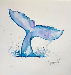 a watercolor painting of a blue whale tail