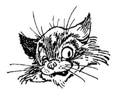 a black and white drawing of a cat's face with it's mouth open