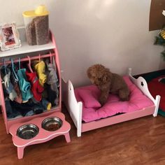 a brown dog laying on top of a pink bed next to a white shelf filled with clothes