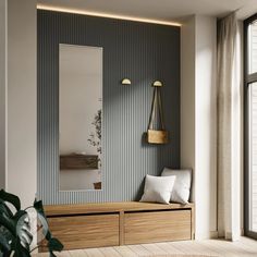 a wooden bench sitting in front of a window next to a potted plant on top of a hard wood floor