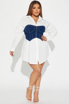 Available In White. Poplin Shirt Mini Dress Denim Corset Long Sleeves Collar Button Up Length= 33" Disclaimer: Due To The Specialized Wash Process, Each Garment Is Unique. Dress: 100% Cotton Corset: 75% Cotton 23% Polyester 2% Spandex Imported | Amy Poplin Shirt Mini Dress Set in White size Large by Fashion Nova White Poplin Shirt, White Denim Dress, Cotton Corset, Shirt Mini Dress, Denim Corset, Dress Denim, Unique Dress, Mini Shirt Dress, Dress Set