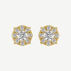 The cluster stud earrings are crafted in 14k solid yellow gold and set with 18 earth-mined round diamonds with an average carat weight of 0.37 carats. Conflict Free Diamonds, Solid Yellow, Round Diamonds, Gold Diamond, Diamonds, Yellow Gold, Stud Earrings, Yellow, Gold