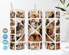 three candles decorated with multiple photos and the same candle is next to a potted plant