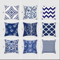 six different pillows with blue and white designs