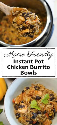 a spoon full of chicken burrito bowls with text overlay that reads macro friendly instant pot chicken burrito bowls