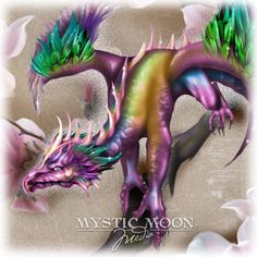 a colorful dragon with green and purple feathers on it's back, standing in front of flowers