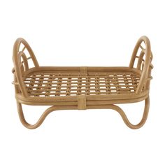 a wooden bench with wicker seats on it's legs and backrests