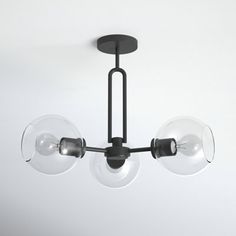 three clear glass globes are hanging from a black ceiling fixture in a white room