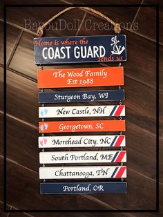 a sign hanging on the side of a wooden wall that says, home is where the coast guard