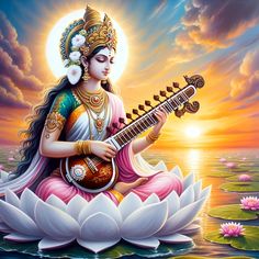 a painting of a woman sitting on top of a lotus flower with a guitar in her lap