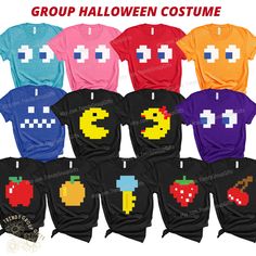 the group halloween costume shirts are available in multiple colors and sizes, including one with an apple