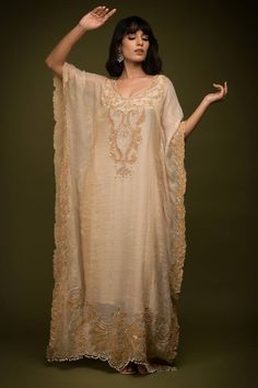 Ivory and beige cutdana embroidered cutwork floral swirl patterns. Comes with an inner. - Aza Fashions Kaftan Pattern, Kaftan Women, Kaftan For Women, Modest Fits, Swirl Pattern, Indian Designer Wear, Cut Work, Modern Bride, Indian Design