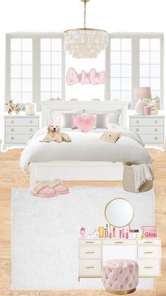 a bedroom with white furniture and pink accessories