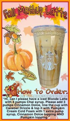 an advertisement for starbucks's fall pumpkin latte