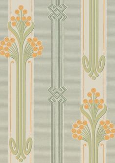 a wallpaper with orange flowers and green stripes