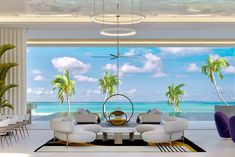 a living room filled with white furniture and palm trees on the beach in front of an ocean view