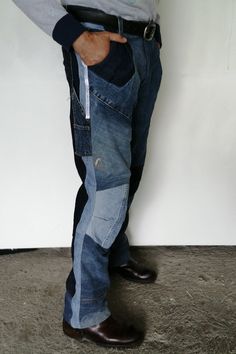 "Chic Cargo Jeans Fashion! It's a real Upcycled Carpenter Jeans, Patchwork Pants made and combined with recycled jean fabrics. The variety of denim pieces in creating these high waist Man Rip Blue Jeans makes the Outfit so original. It's a one of a kind Jeans with patched Denim and it does'nt exist another identical piece. Your sense of an unique style is measured by personality! Measurements:  *Circular Measurements Waist:      88 Centimeters - 34.6 Inches* Hip:        110 Centimeters - 43.3 In Blue Patchwork Cotton Cargo Jeans, Relaxed Fit Denim Patchwork Bottoms, Relaxed Fit Denim Bottoms With Patchwork, Blue Denim Patchwork Cargo Jeans, Blue Denim Cargo Jeans With Patchwork, Denim Blue Cargo Jeans With Patchwork, Blue Recycled Denim Bottoms With Patchwork, Patchwork Denim Cargo Jeans For Streetwear, Denim Patchwork Pants For Streetwear