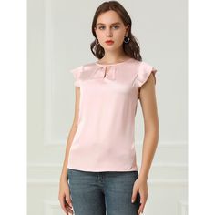 This women's vintage shirt is made of silky materials and you can wear it easily all day and night. Pair it with skinny jeans or pants for a smart-casual finish. The pleated sleeve design will show your dignity and femininity while giving shape and texture at the same time. It is an essential top that is perfect for dressing up or down. Feminine Satin Tops For Workwear, Feminine Satin Tops For Work, Casual Solid Color Satin Tops, Casual Satin Blouse For Workwear, Spring Satin Short Sleeve Tops, Pink Satin Top For Work, Fitted V-neck Top With Pleated Sleeves, Spring Stretch T-shirt With Cap Sleeves, Solid Stretch T-shirt With Cap Sleeves