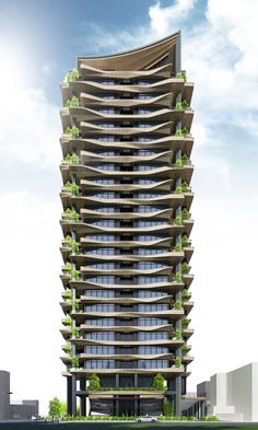 an architectural rendering of a tall building with plants growing on the top and bottom floors