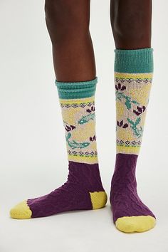 Just as cool as they are classic, these super cozy socks are featured in a tall, scrunch-able style with color blocking throughout and timeless, vintage-inspired printing for the perfect finishing touch. | Playing Koi Tall Nordic Socks by Reliable Of Milwaukee at Free People in Blue Nordic Socks, Purple Fits, Cozy Socks, Sock Shop, Colorful Socks, Boho Clothing, Boho Outfits, Milwaukee, Koi