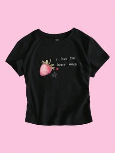 Women's Summer Y2K Pink Strawberry Fruit Slogan Cropped T-Shirt, Baby Tee I Love You Berry Much Graphic Tees Women Tops Black Casual  Short Sleeve Fabric Animal,Cartoon,Letter,Fruit&Vegetable,Plants,Slogan  Medium Stretch  Women Clothing, size features are:Bust: ,Length: ,Sleeve Length: Parker Coat, Y2k Pink, Strawberry Fruit, Hooded Parka, Parka Coat, Fabric Animals, Winter Casual, Winter Coats Women, Crop Tshirt