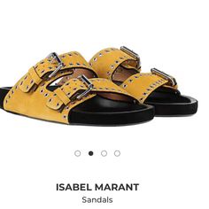 Isabel Marant Suede Sandals. Summer Yellow Sandals With Rubber Sole, Yellow Flat Sandals With Rubber Sole, Yellow Sandals For Summer, Yellow Sandals With Rubber Sole For Beach, Yellow Beach Sandals With Rubber Sole, Yellow Leather Footbed Sandals For Summer, Designer Yellow Open Heel Sandals, Designer Yellow Sandals With Open Heel, Yellow Leather Sandals With Buckle Closure