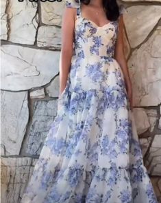 Costal Granddaughter Prom Dress, Toile Prom Dress, Floral Prom Dresses 2023, Blue And White Formal Dress, Blue And White Prom Dress, Blue Floral Prom Dress, White Dress With Blue Flowers, White And Blue Floral Dress, Homecoming 2023