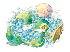 a drawing of two mermaids swimming in the ocean with shells and plants around them