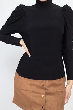 Mock neck, long puff sleeves and pleats for an everyday basic top. Solid Color Turtleneck Long Sleeve Top For Work, Solid Turtleneck Long Sleeve Top For Work, Solid Color Long Sleeve Mock Neck Top For Work, Long Sleeve Tops With Elastic Shoulders For Work, Elastic Shoulder Long Sleeve Tops For Work, Workwear Tops With Elastic Shoulders And Long Sleeves, Versatile Long Sleeve Mock Neck Top, Versatile Long Sleeve Mock Neck Top For Work, Stretch Long Sleeve Tops With Gathered Sleeves