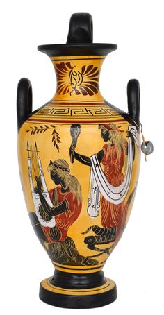 an ornate vase with figures painted on the side and black handles, sitting against a white background