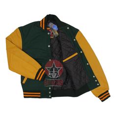 DETAILS OF JACKET The Classic Varsity Jacket Color: Forest Green / Gold Yellow Forest Green / Gold Yellow Rib on Neck, Wrist & Bottom/Hem Two External Side Pockets Exterior Sleeve: Cowhide Leather Interior: Polyester Quilted Lining / Two Internal Pockets Style: Classic Varsity Care: DRY CLEAN ONLY We can add custom embroidery, printing, or labels on these jackets as per the customer's demand. Additional charges apply. Winter Outdoor Varsity Jacket With Patchwork, Fitted Varsity Outerwear For Fall, Fitted Cotton Varsity Outerwear, Fitted Outerwear With Button Closure For College, Green Cotton Sport Coat For Fall, College Green Varsity Jacket With Pockets, Green Varsity Jacket With Pockets For College, Green College Outerwear With Pockets, Cotton Sport Coat For College Winter