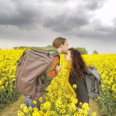 a man and woman kissing in the middle of a field full of yellow wildflowers