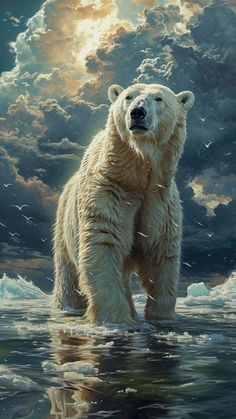 a painting of a polar bear standing in the water with clouds and seagulls