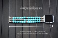 "This lovely beaded iwatch band is made from Turquoise stone and silver plated findings. Beads are 8mm round and total weight is 56 gram for 5\" long band. You can personalize your band by adding up to 8 letters to it. Letter beads are silver plated and double-sided. The watch band fits all iwatch as long as you select the right iwatch size (38mm, 40mm, 42mm or 44mm). There are no clasps, the cord can stretch. Measure your wrist tightly and select your SIZE from the drop-down menu. This is the m Adjustable Silver Beaded Watch Bands, Adjustable Silver Beaded Apple Watch Band, Adjustable Silver Beaded Watch Accessories, Silver Adjustable Apple Watch Band With Round Beads, Silver Beaded Bracelets With Round Beads, Apple Watch Bracelet, Apple Watch Bracelets, Custom Jewelry Box, Band Fits