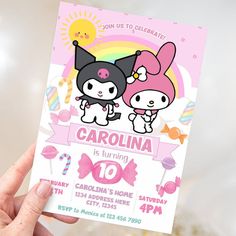 Editable birthday invitation with Sanrio's Kuromi and Melody characters My Melody And Kuromi Party, Melody Birthday Theme, Kuromi Invitation Card, My Melody Invitation, My Melody Birthday Invitation, Kuromi Invitation, Kuromi Birthday Party, Kuromi Y My Melody, Kuromi And Melody